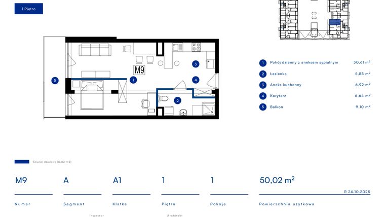Rzut - Mieszkanie na sprzedaż 1 pokój o powierzchni 50,02 m² - numer 9A w Przy Bursztynowej