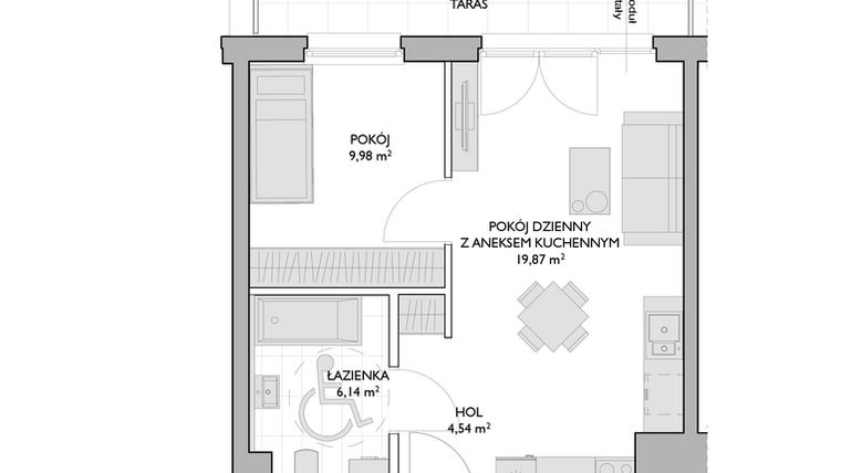 Rzut - Mieszkanie na sprzedaż 2 pokoje o powierzchni 40,53 m² - numer WO/P3/1 w Wiszące Ogrody