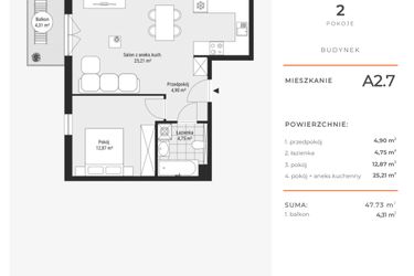 Rzut - Mieszkanie na sprzedaż 2 pokoje o powierzchni 47,75 m² - numer A2.7 w Enklawa Bukowa