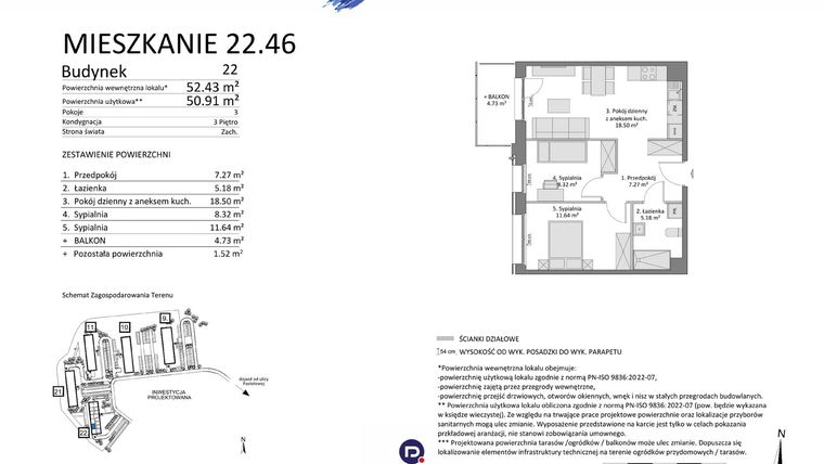 Rzut - Mieszkanie na sprzedaż 3 pokoje o powierzchni 50,91 m² - numer 22.46 w Osiedle Pastelowe etap IV
