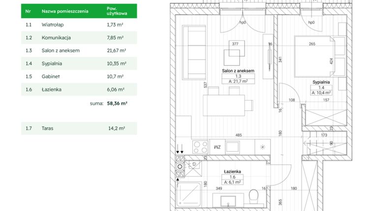 Rzut - Mieszkanie na sprzedaż 3 pokoje o powierzchni 58,36 m² - numer A3M5 w Nefrytowa Park