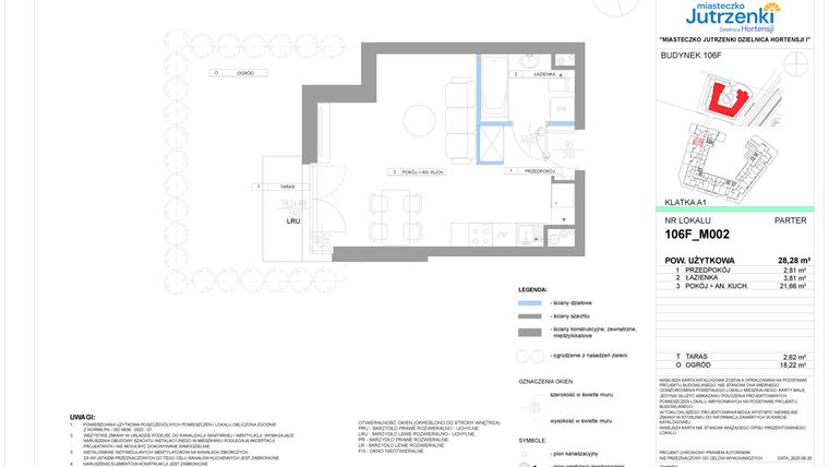 Rzut - Mieszkanie na sprzedaż 1 pokój o powierzchni 28,28 m² - numer 106F/M002 w Miasteczko Jutrzenki Dzielnica Hortensji
