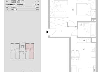 Rzut - Mieszkanie na sprzedaż 2 pokoje o powierzchni 44,35 m² - numer 90.3.09 w ATAL Bronowice