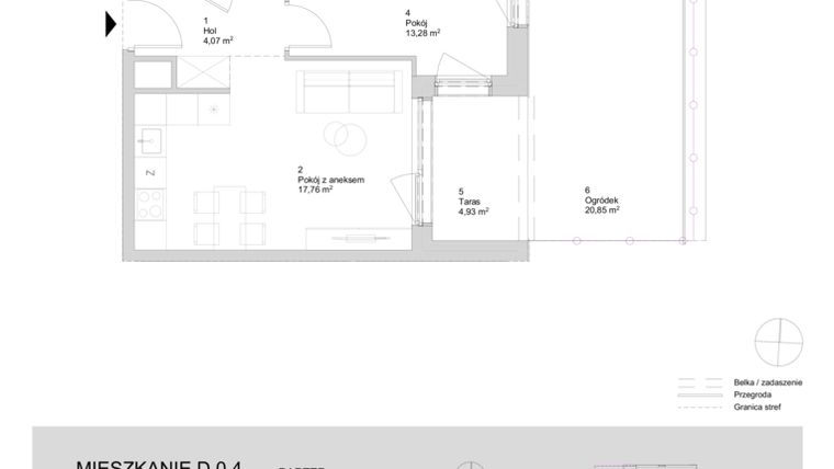 Rzut - Mieszkanie na sprzedaż 2 pokoje o powierzchni 39,68 m² - numer D.0.4 w ATAL Parkowa