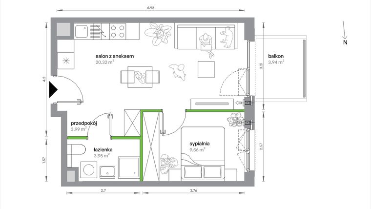 Rzut - Mieszkanie na sprzedaż 2 pokoje o powierzchni 37,82 m² - numer 1/A/2/13 w Sochaczewska Vita