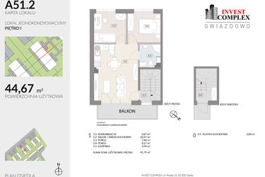 Rzut - Mieszkanie na sprzedaż 3 pokoje o powierzchni 44,67 m² - numer A51.2 w Osiedle Gwiazdowo etap 6B