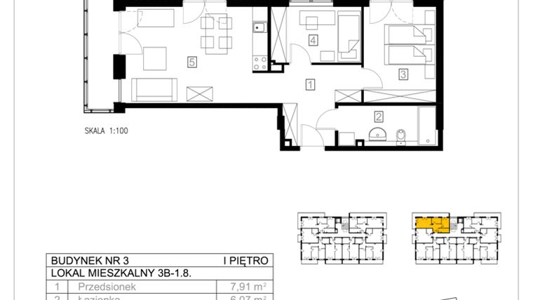 Rzut - Mieszkanie na sprzedaż 3 pokoje o powierzchni 54,69 m² - numer 3B-1.8 w Gardenia Pogodno