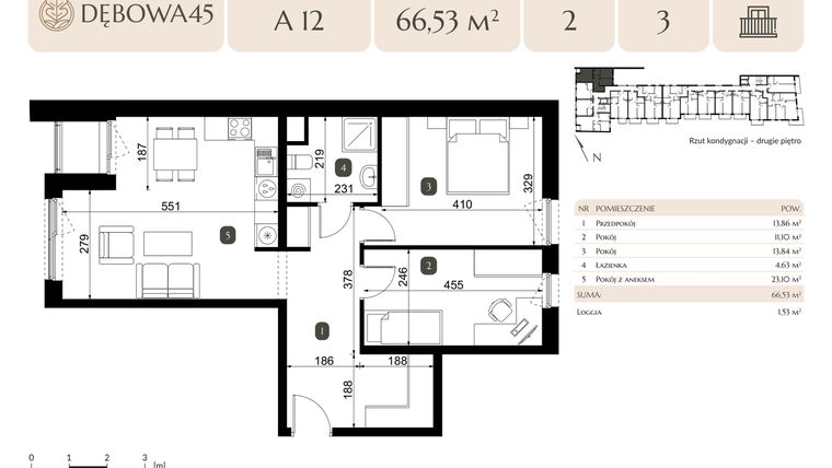 Rzut - Mieszkanie na sprzedaż 3 pokoje o powierzchni 66,53 m² - numer A.12 w Dębowa 45