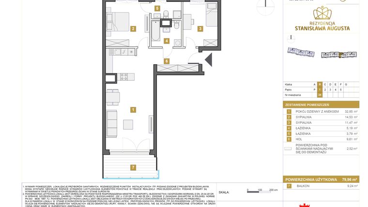 Rzut - Mieszkanie na sprzedaż 3 pokoje o powierzchni 79,96 m² - numer A.24 w Rezydencja Stanisława Augusta