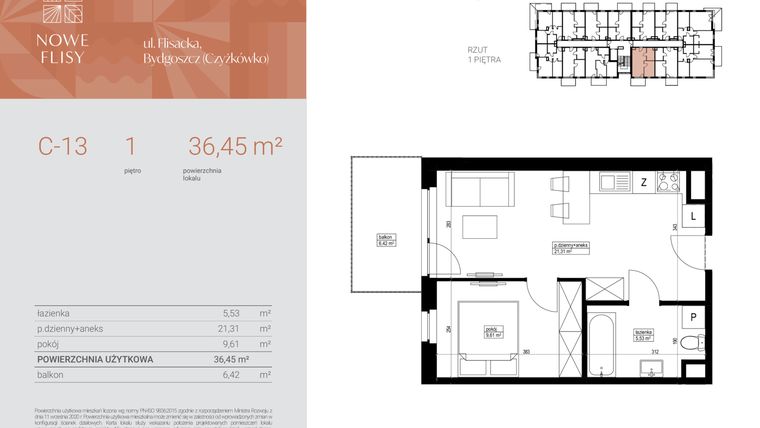 Rzut - Mieszkanie na sprzedaż 2 pokoje o powierzchni 36,45 m² - numer M13_NF.c w Nowe Flisy II