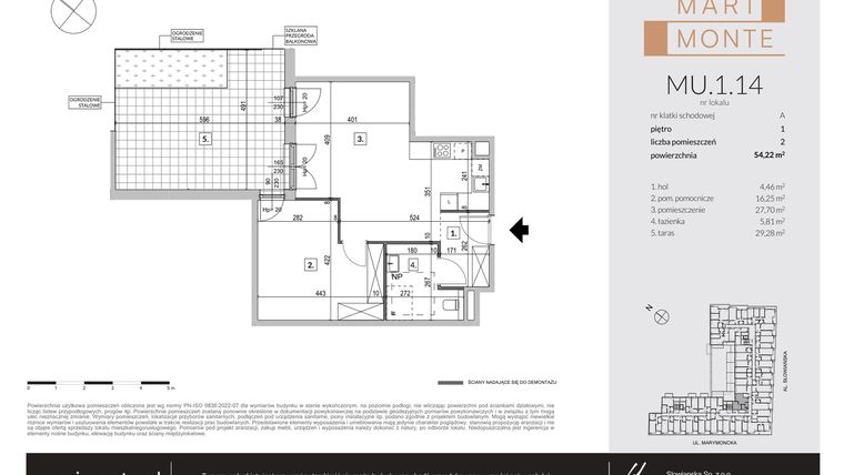 Rzut - Mieszkanie na sprzedaż 2 pokoje o powierzchni 54,22 m² - numer MU.1.14 w Marimonte - apartamenty inwestycyjne