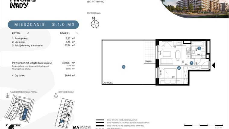 Rzut - Mieszkanie na sprzedaż 1 pokój o powierzchni 29,56 m² - numer B.1.0.M2 w Nowe Promenady etap II
