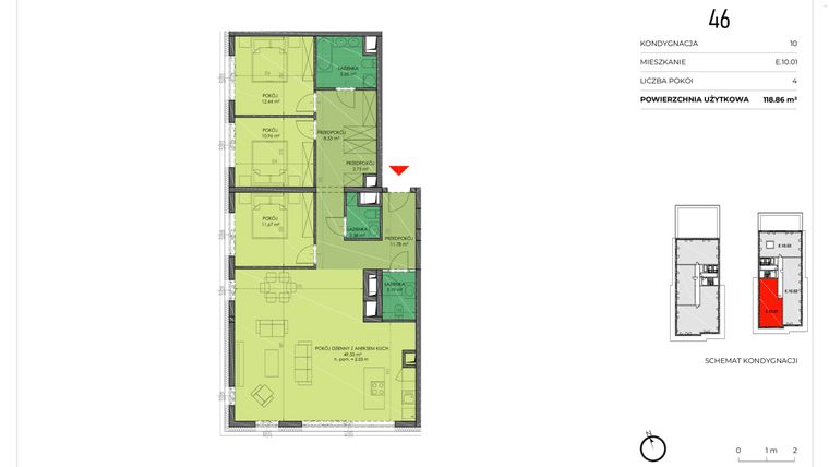 Rzut - Mieszkanie na sprzedaż 4 pokoje o powierzchni 118,86 m² - numer E.10.01 w Księcia Witolda 46