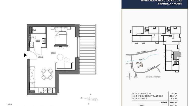 Rzut - Mieszkanie na sprzedaż 1 pokój o powierzchni 33,91 m² - numer A.012 w Nowa Młynówka