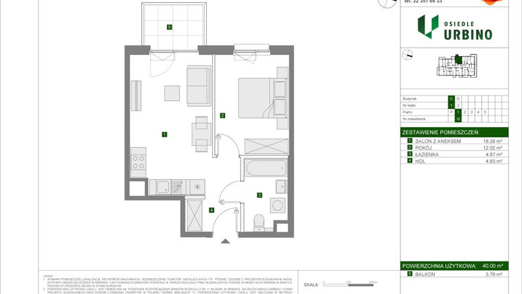 Rzut - Mieszkanie na sprzedaż 2 pokoje o powierzchni 40 m² - numer C15 w Osiedle Urbino etap 4.2