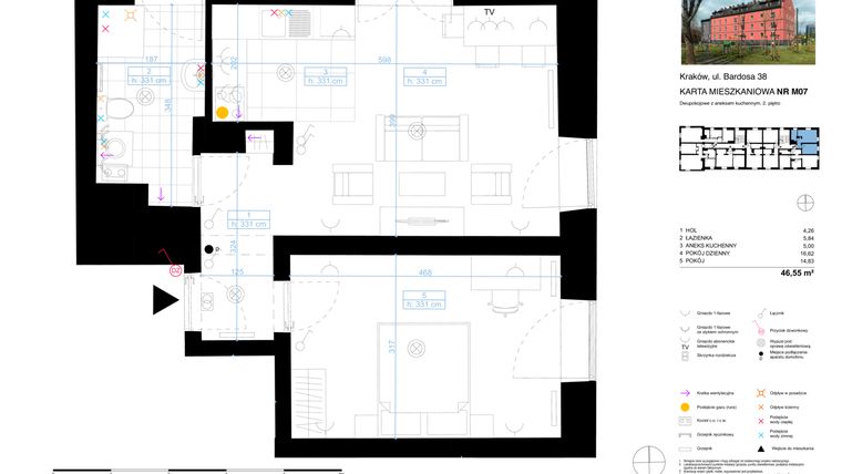 Rzut - Mieszkanie na sprzedaż 2 pokoje o powierzchni 46,55 m² - numer 7 w Bardosa 38