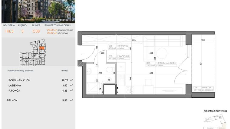 Rzut - Mieszkanie na sprzedaż 1 pokój o powierzchni 26,52 m² - numer I-C38 w Industria etap I-D