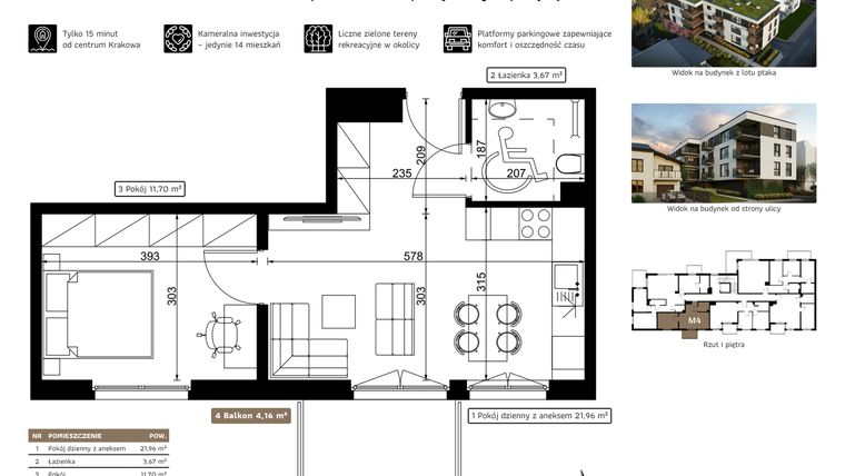 Rzut - Mieszkanie na sprzedaż 2 pokoje o powierzchni 37,33 m² - numer M4 w Dolnomłyńska 5