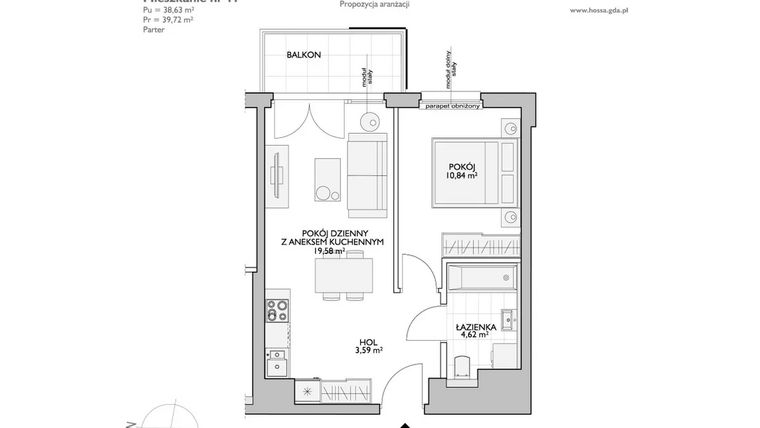 Rzut - Mieszkanie na sprzedaż 2 pokoje o powierzchni 39,72 m² - numer WO/P33/17 w Wiszące Ogrody