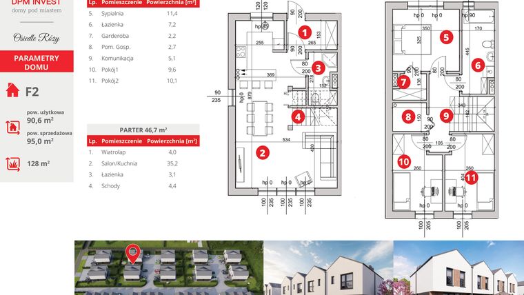 Rzut - Dom na sprzedaż 4 pokoje o powierzchni 95 m² - numer F2 w Rose Park etap IV