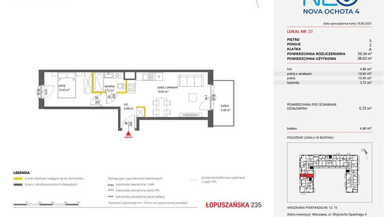 Rzut - Mieszkanie na sprzedaż 2 pokoje o powierzchni 39,34 m² - numer 20 w Neo Nova Ochota 4