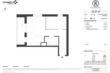 Rzut - Mieszkanie na sprzedaż 2 pokoje o powierzchni 42,97 m² - numer A/4/2.8 w Smardzewska 8
