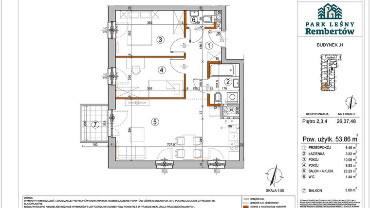 Rzut - Mieszkanie na sprzedaż 3 pokoje o powierzchni 53,86 m² - numer J1-26 w Park Leśny Rembertów etap VIII
