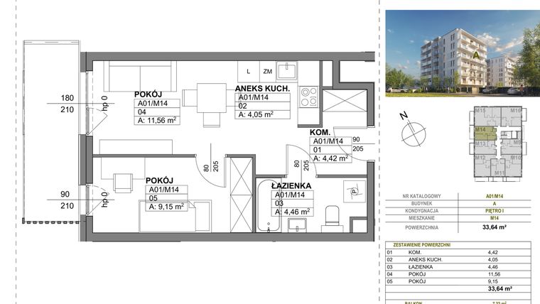 Rzut - Mieszkanie na sprzedaż 2 pokoje o powierzchni 33,64 m² - numer A00_M14 w Wierzbowy Park