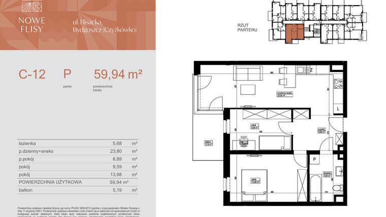 Rzut - Mieszkanie na sprzedaż 3 pokoje o powierzchni 59,94 m² - numer M12_NF.c w Nowe Flisy II