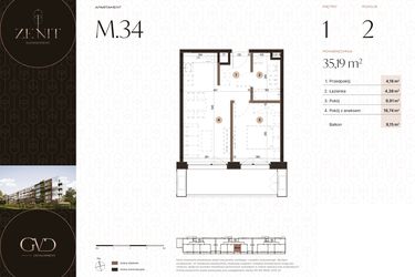 Rzut - Mieszkanie na sprzedaż 2 pokoje o powierzchni 35,19 m² - numer M34 w Zenit Głowackiego