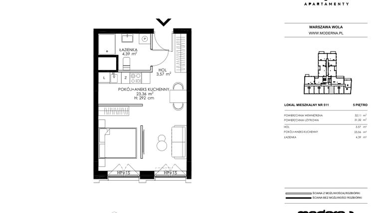 Rzut - Mieszkanie na sprzedaż 2 pokoje o powierzchni 31,32 m² - numer 511 w Chronos