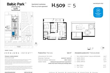 Rzut - Mieszkanie na sprzedaż 3 pokoje o powierzchni 58,9 m² - numer H.509 w Baltic Park Loft