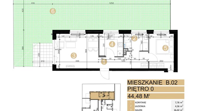 Rzut - Mieszkanie na sprzedaż 2 pokoje o powierzchni 44,48 m² - numer B.02 w Na Jeżycach