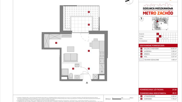 Rzut - Mieszkanie na sprzedaż 1 pokój o powierzchni 27,83 m² - numer D.43 w Dzielnica Mieszkaniowa Metro Zachód - etap 8.2