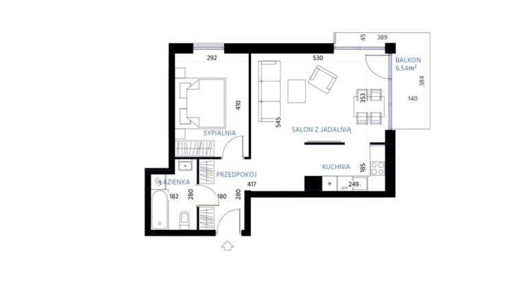 Rzut - Mieszkanie na sprzedaż 2 pokoje o powierzchni 49,55 m² - numer 5.13 w Osiedle Paryskie