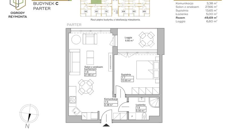 Rzut - Mieszkanie na sprzedaż 2 pokoje o powierzchni 49,69 m² - numer M5 w Ogrody Reymonta