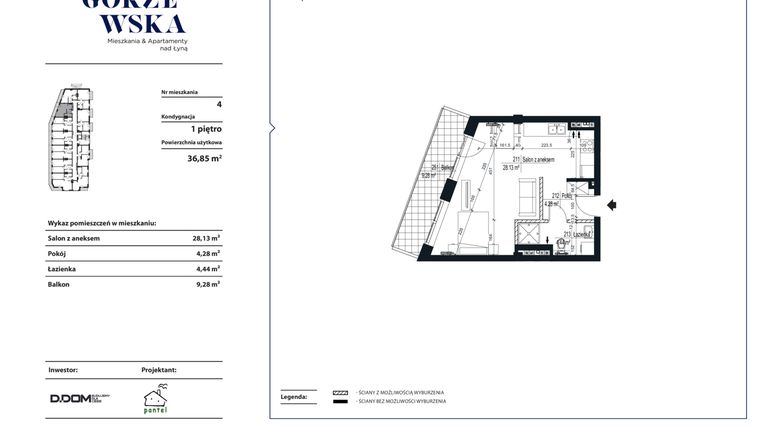Rzut - Mieszkanie na sprzedaż 1 pokój o powierzchni 36,85 m² - numer 4 w Grzegorzewska