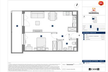 Rzut - Mieszkanie na sprzedaż 2 pokoje o powierzchni 46,99 m² - numer B.37 w Osiedle przy Malborskiej II
