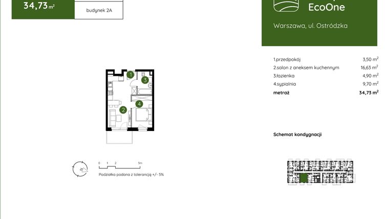 Rzut - Mieszkanie na sprzedaż 2 pokoje o powierzchni 34,73 m² - numer 2.A.2.02 w Murapol EcoOne