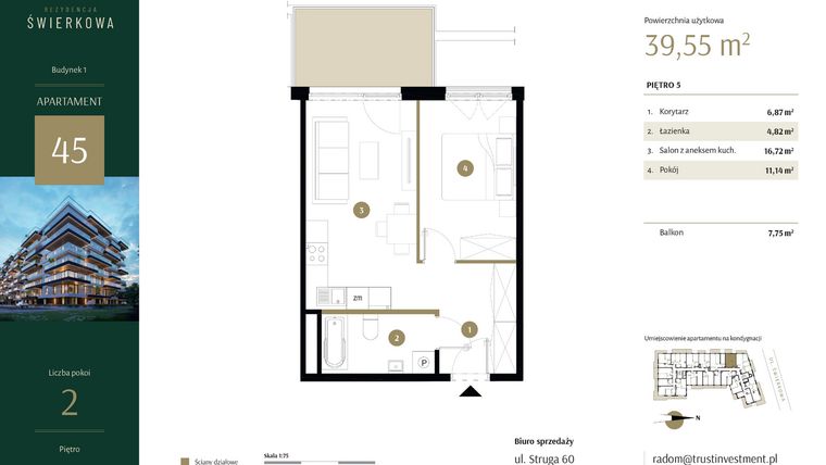 Rzut - Mieszkanie na sprzedaż 2 pokoje o powierzchni 39,55 m² - numer 45 w Rezydencja Świerkowa