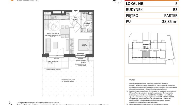 Rzut - Mieszkanie na sprzedaż 2 pokoje o powierzchni 38,85 m² - numer B3.5 w Osiedle Przy Błoniach 3 etap III