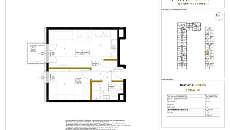 Rzut - Mieszkanie na sprzedaż 2 pokoje o powierzchni 40,19 m² - numer 68 w Aura Nova etap II
