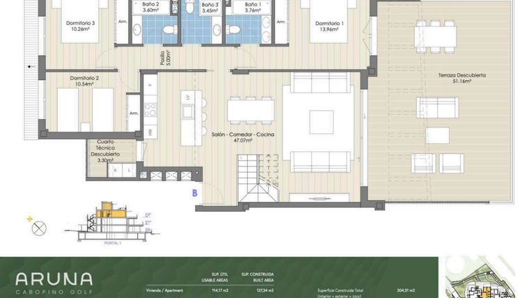 Rzut - Mieszkanie na sprzedaż 4 pokoje o powierzchni 251 m² - numer P1-P2-B w Aruna