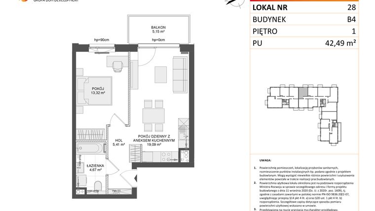 Rzut - Mieszkanie na sprzedaż 2 pokoje o powierzchni 42,49 m² - numer B4.28 w Osiedle Przy Błoniach 3 etap III