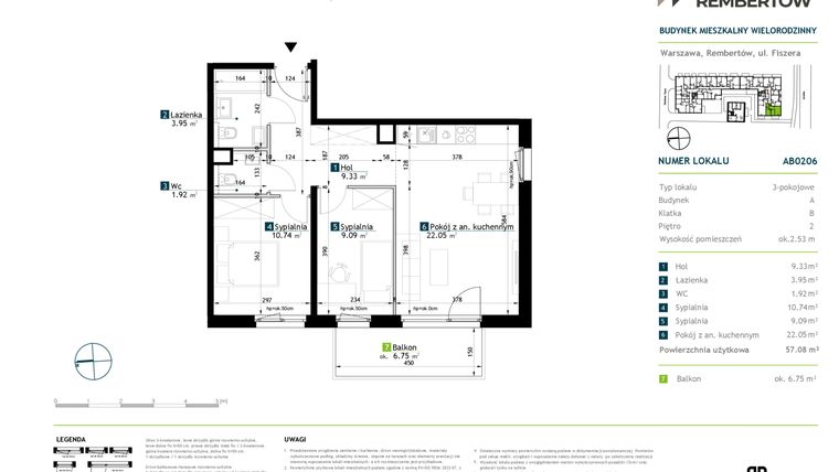 Rzut - Mieszkanie na sprzedaż 3 pokoje o powierzchni 57,08 m² - numer AB0206 w Stacja Rembertów