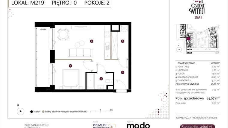Rzut - Mieszkanie na sprzedaż 2 pokoje o powierzchni 44,07 m² - numer M219 w Osiedle Witaj etap II