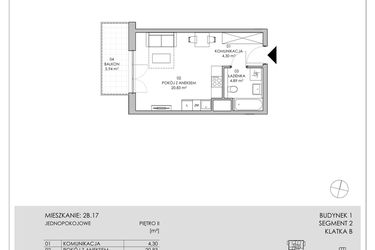 Rzut - Mieszkanie na sprzedaż 1 pokój o powierzchni 30,02 m² - numer 2B.17 w Skwer Harmonia II