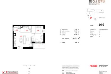 Rzut - Mieszkanie na sprzedaż 2 pokoje o powierzchni 38,73 m² - numer 019 w Osiedle Mocha Tower