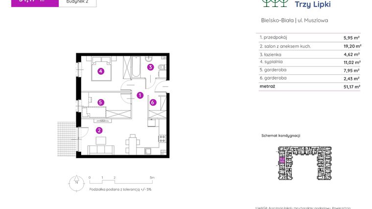 Rzut - Mieszkanie na sprzedaż 2 pokoje o powierzchni 51,17 m² - numer 2.A.0.05 w Murapol Trzy Lipki etap II