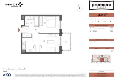 Rzut - Mieszkanie na sprzedaż 2 pokoje o powierzchni 41,94 m² - numer C.08 w Premiera Bemowo